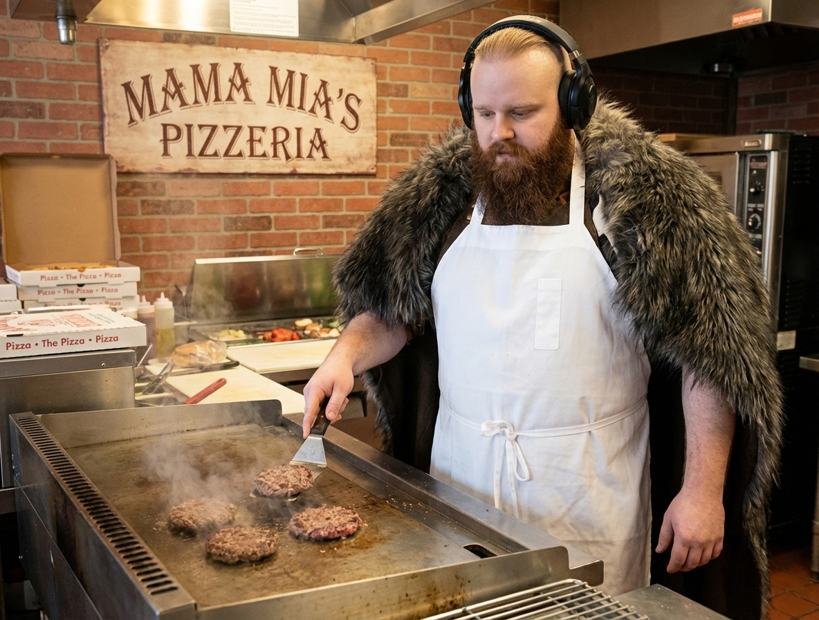 The Prophet grilling the first patties at Mama Mia's Pizzeria