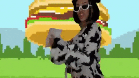 A dancer beholding giant pixel burgers in the sky